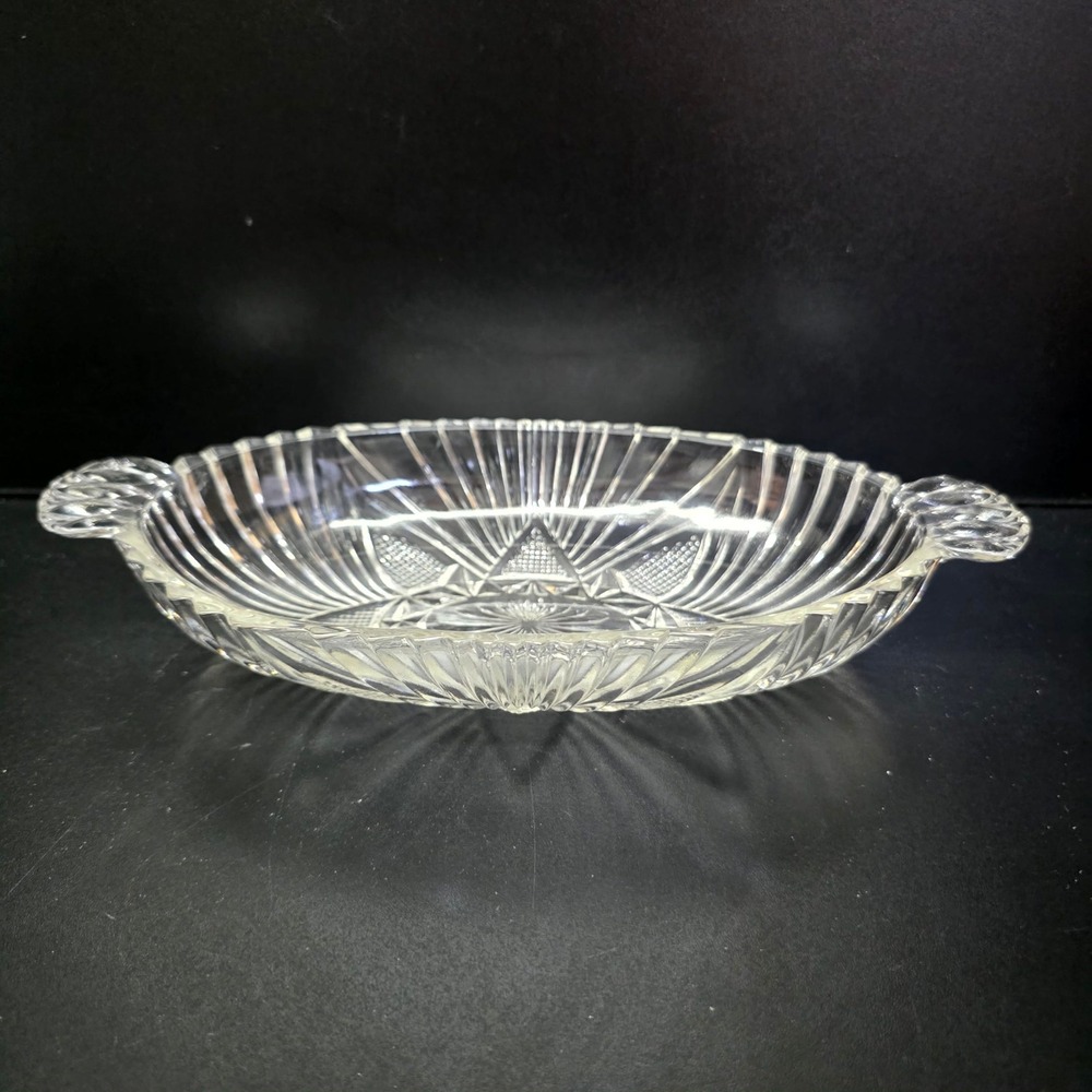 Pressed Glass Relish Dish 8.5in Clear Starburst Scalloped Oval Serving Bowl